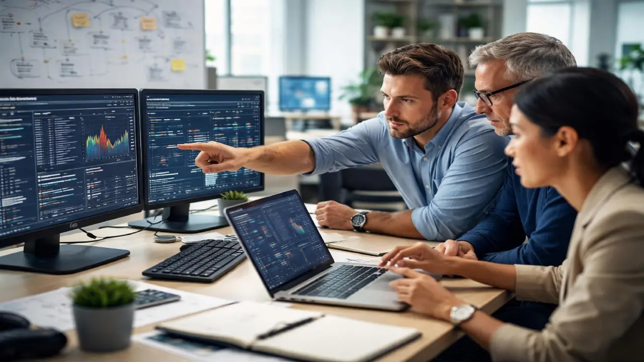 Three professionals collaborating at a desk, analyzing data on multiple monitors and a laptop, with one person pointing at charts and graphs displayed on the screens.