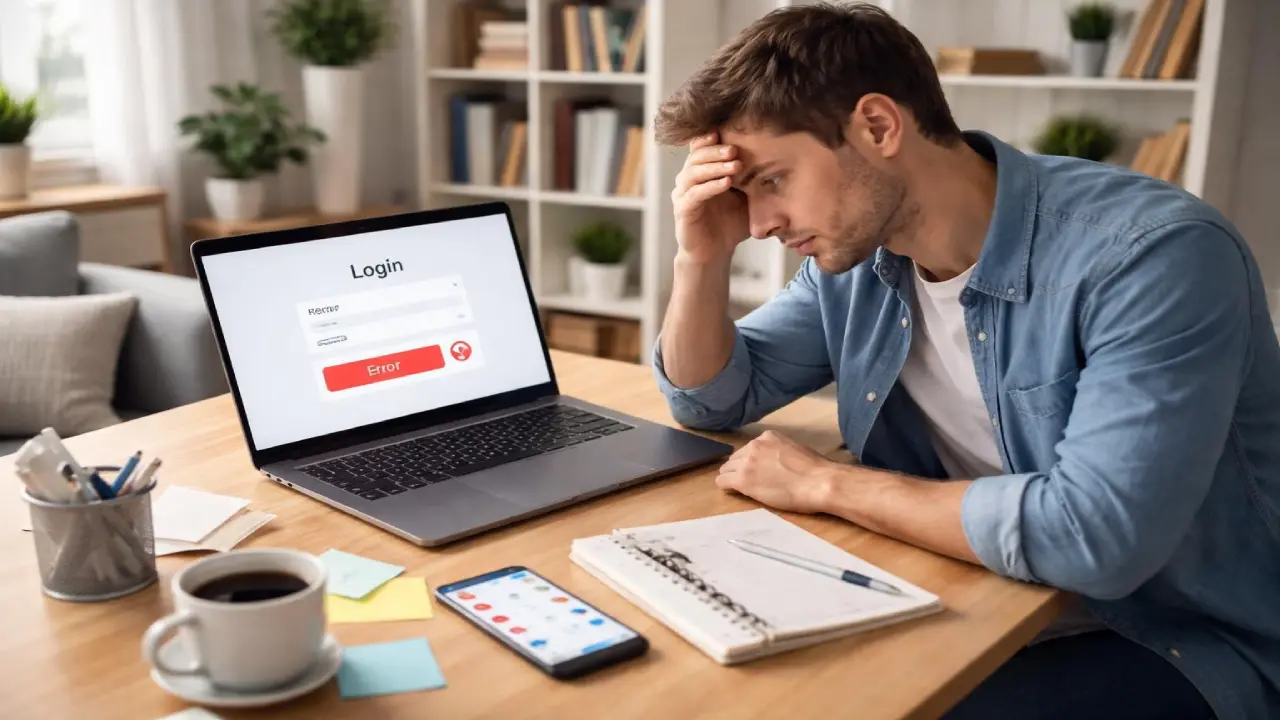 A man sitting at a desk looks stressed while holding his head, staring at a laptop screen displaying a login page with an error message, with a phone, notebook, and coffee nearby.