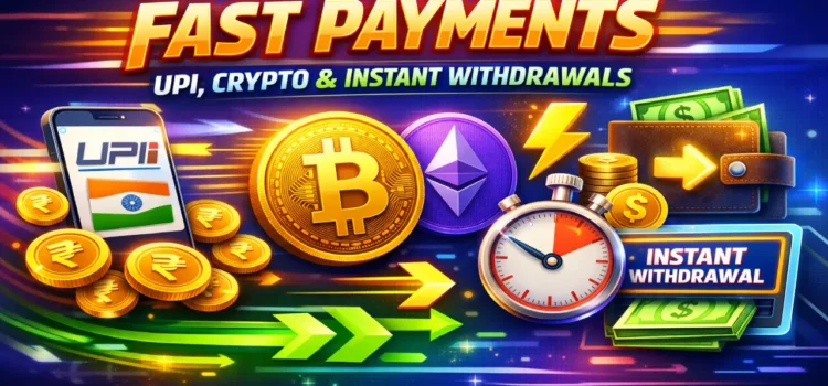 Illustration of fast digital payments including UPI mobile payment, Bitcoin and Ethereum cryptocurrencies, and instant withdrawal with wallet and stopwatch symbols