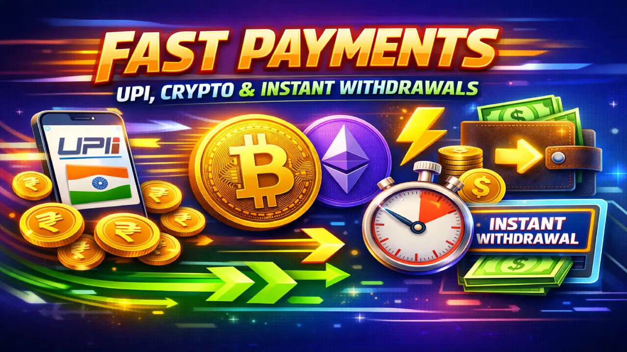 Illustration of fast digital payments including UPI mobile payment, Bitcoin and Ethereum cryptocurrencies, and instant withdrawal with wallet and stopwatch symbols