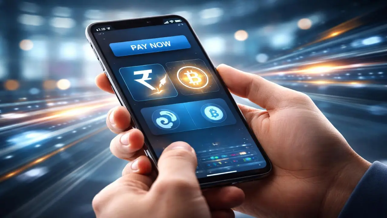 A person holding a smartphone displaying a “Pay Now” screen with options for digital payments, including a currency symbol and Bitcoin, representing modern mobile and crypto transactions.