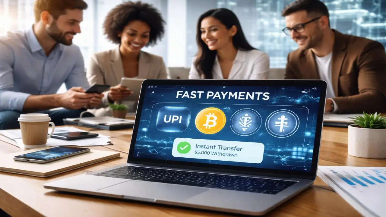 A laptop displaying a “Fast Payments” interface with UPI and cryptocurrency options sits on a table, while a group of professionals in the background use smartphones and tablets, smiling during a meeting.