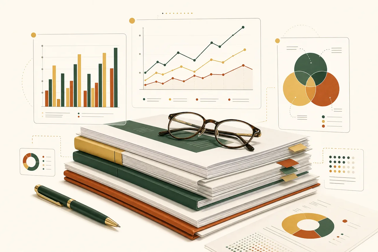 Research reports with chart overlays, Searchable.com coverage of AI search presence
