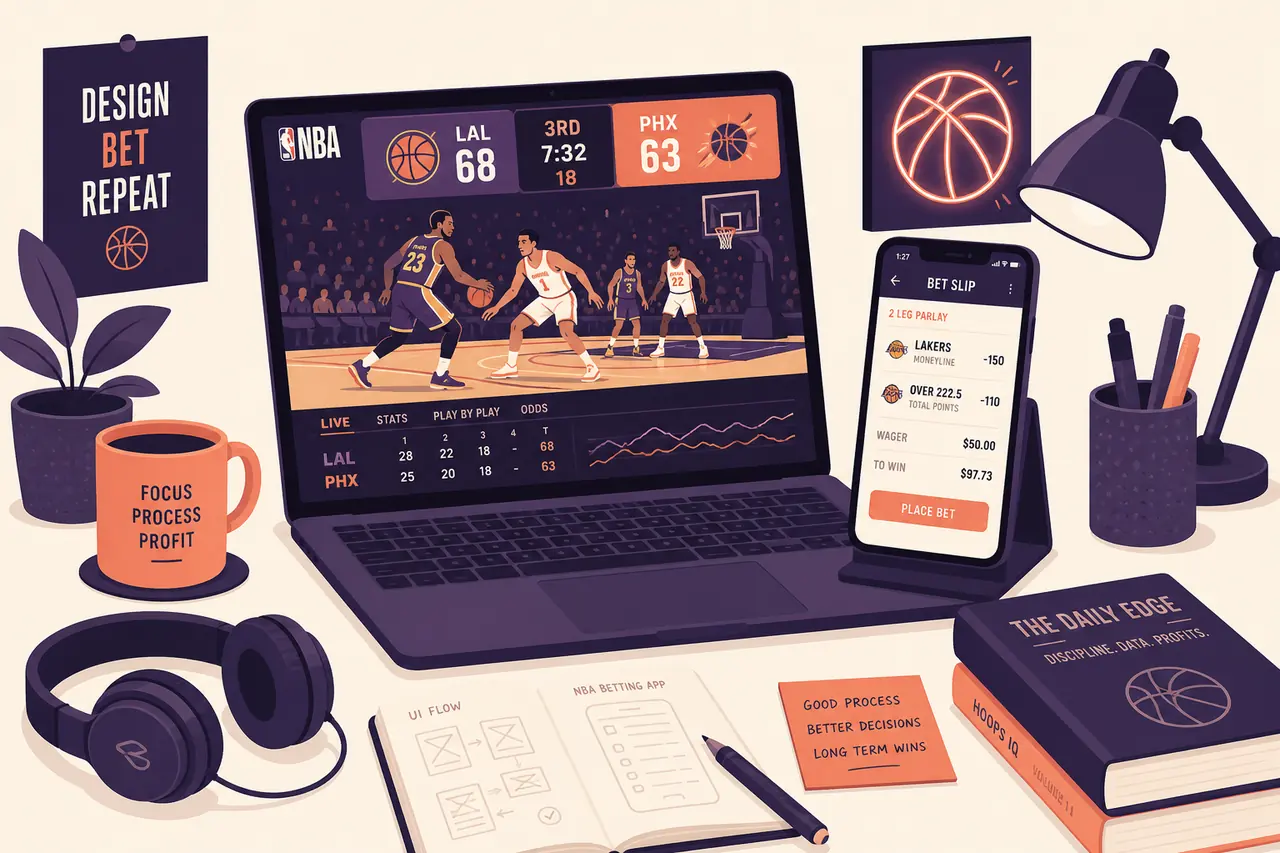 Jovana overnight NBA sports betting slip setup with laptop and headphones